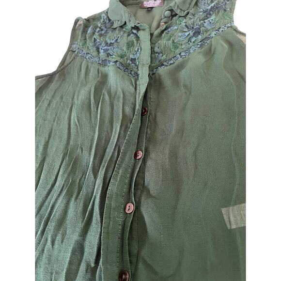 Topshop Green Sheer Blouse Blue Lace Woman Size 4 Sleeveless Button Up - Picture 6 of 8